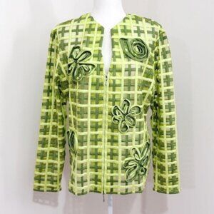 T & W Designs Lime Green Mesh Zip Jacket Floral Ribbon Design Women's Size XL